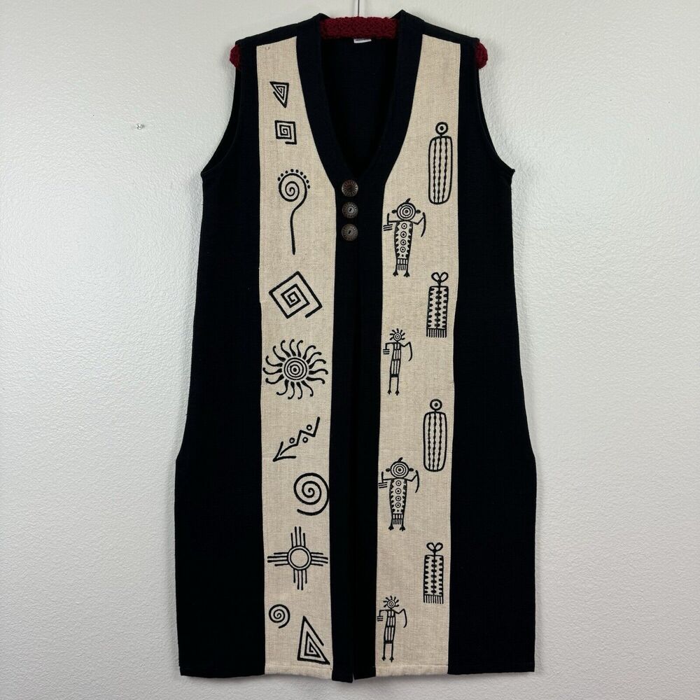 Venus Imports Tribal Artwear Woven Cotton Duster Midi Vest Tan Black Large